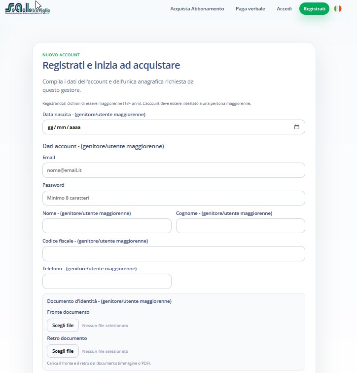 Schermata di registrazione nuovo account sul portale SAI Treviglio