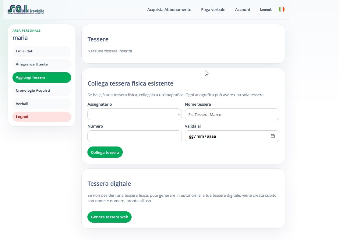 Area personale: collega tessera fisica o genera tessera web