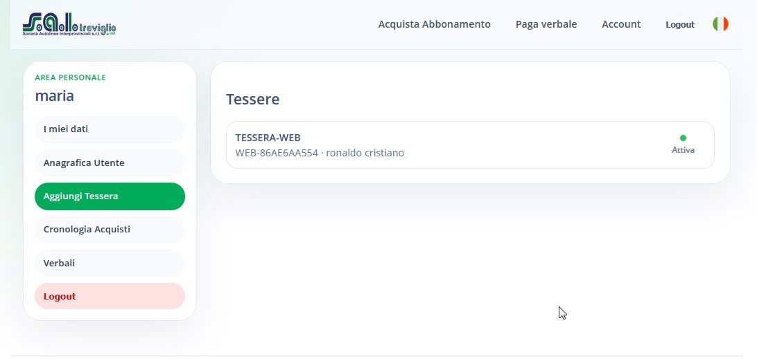 Tessera web attiva nell’area personale