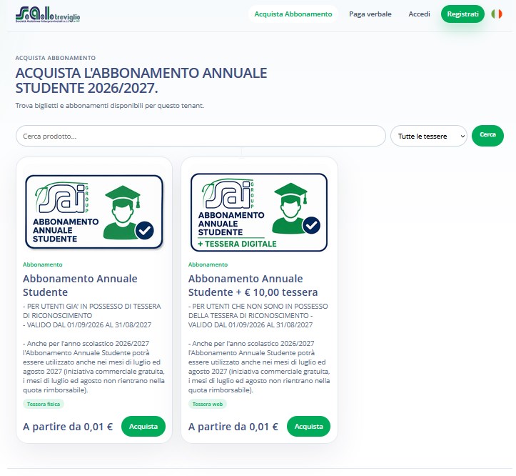 Scelta del prodotto abbonamento annuale studente 2026/2027